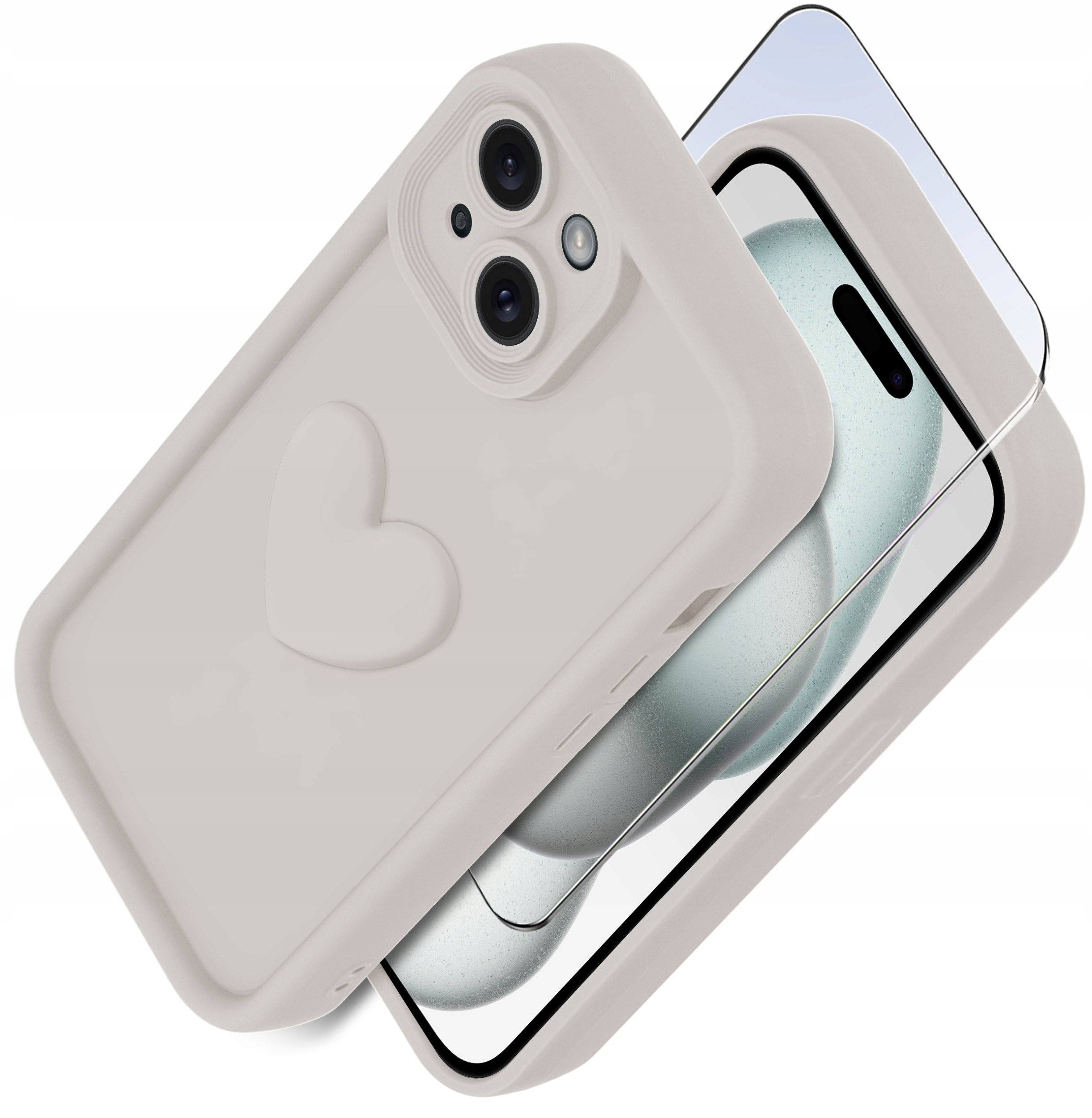Etui do iPhone 15 silikonowe MATOWE serce + Szkło ochronne na ekran 9H