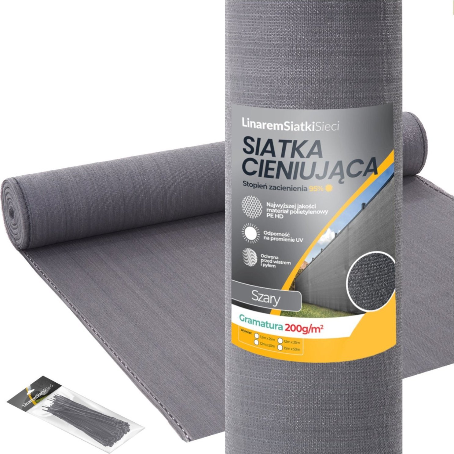 Linarem SiatkiSieci SIATKA CIENIUJĄCA 95% MASKUJĄCA 2x25m OSŁONA NA PŁOT OGRODZENIE SZARA +UV