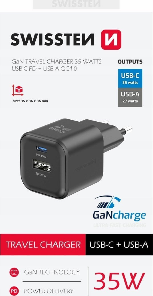 Swissten Travel Charger GaN USB-C 35W PD / USB-A 27W QC