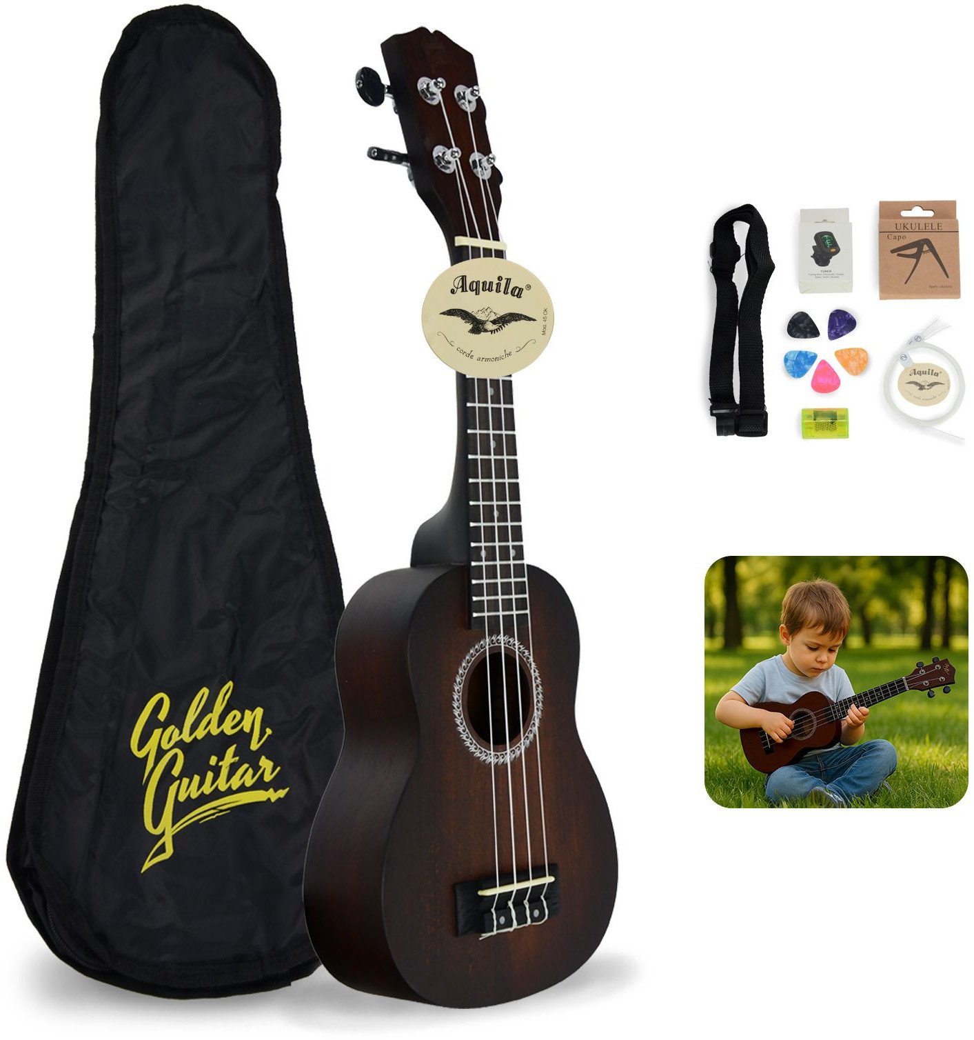 Zestaw: Ukulele sopranowe 21" HRF21 brązowe+ akcesoria Golden Guitar one size