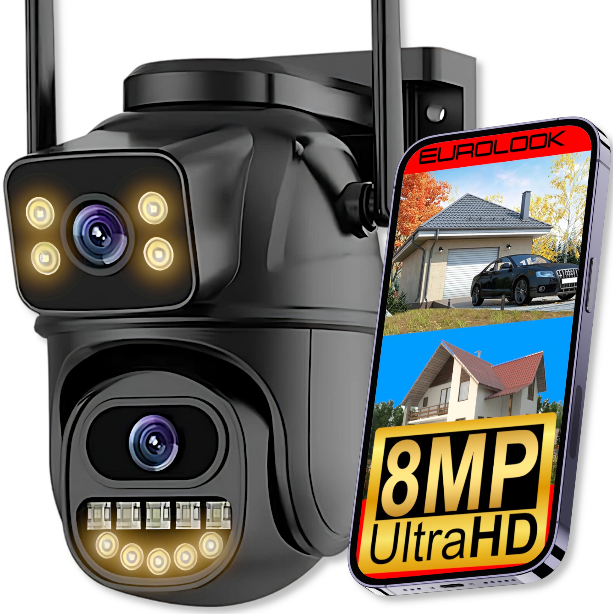 PODWÓJNA KAMERA WIFI SMART ZEWNĘTRZNA OBROTOWA 8MPX ULTRAHD APLIKACJA ZOOM EUROLOOK ZC-04 Dual