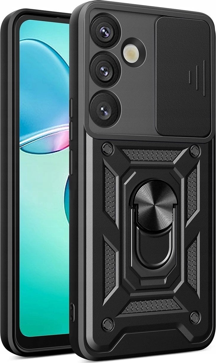 Etui pancerne Hybrid Armor Camshield z osłoną aparatu i metalowym ringiem do Samsung Galaxy S25 - czarne