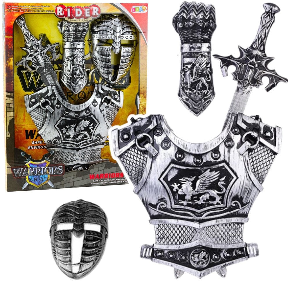 Duży Zestaw Rycerski Maska Zbroja Miecz Ochraniacz Srebrny