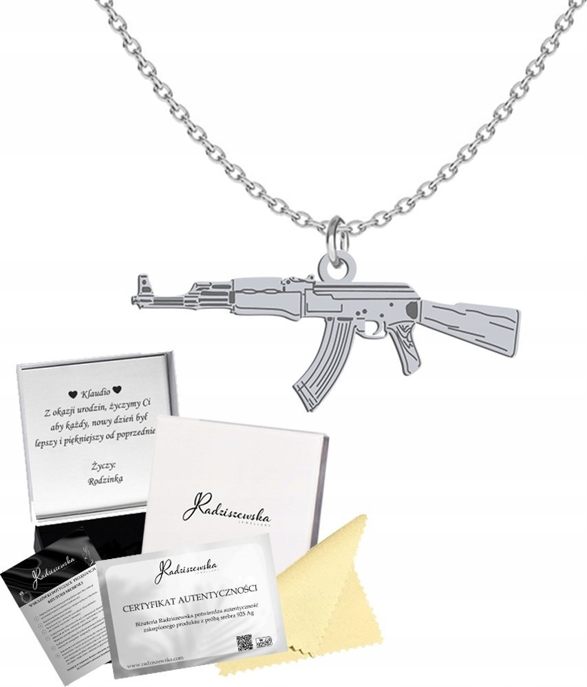 Radziszewska Jewellery Naszyjnik SREBRNY Kałasznikow AK 47 Łańcuszek 925 Dedykacja Gratis Prezent