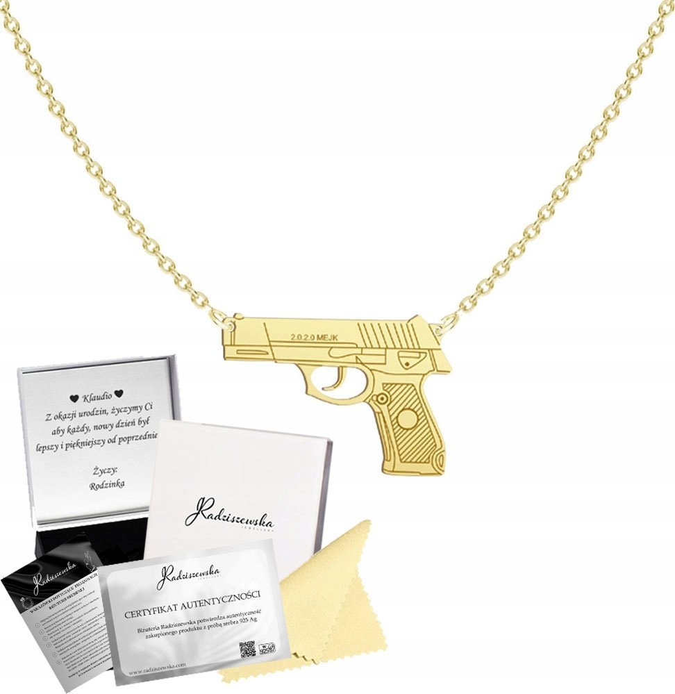Radziszewska Jewellery Naszyjnik Złoty z Pistoletem SREBRO 925 Pistolet Łańcuszek DEDYKACJA GRATIS