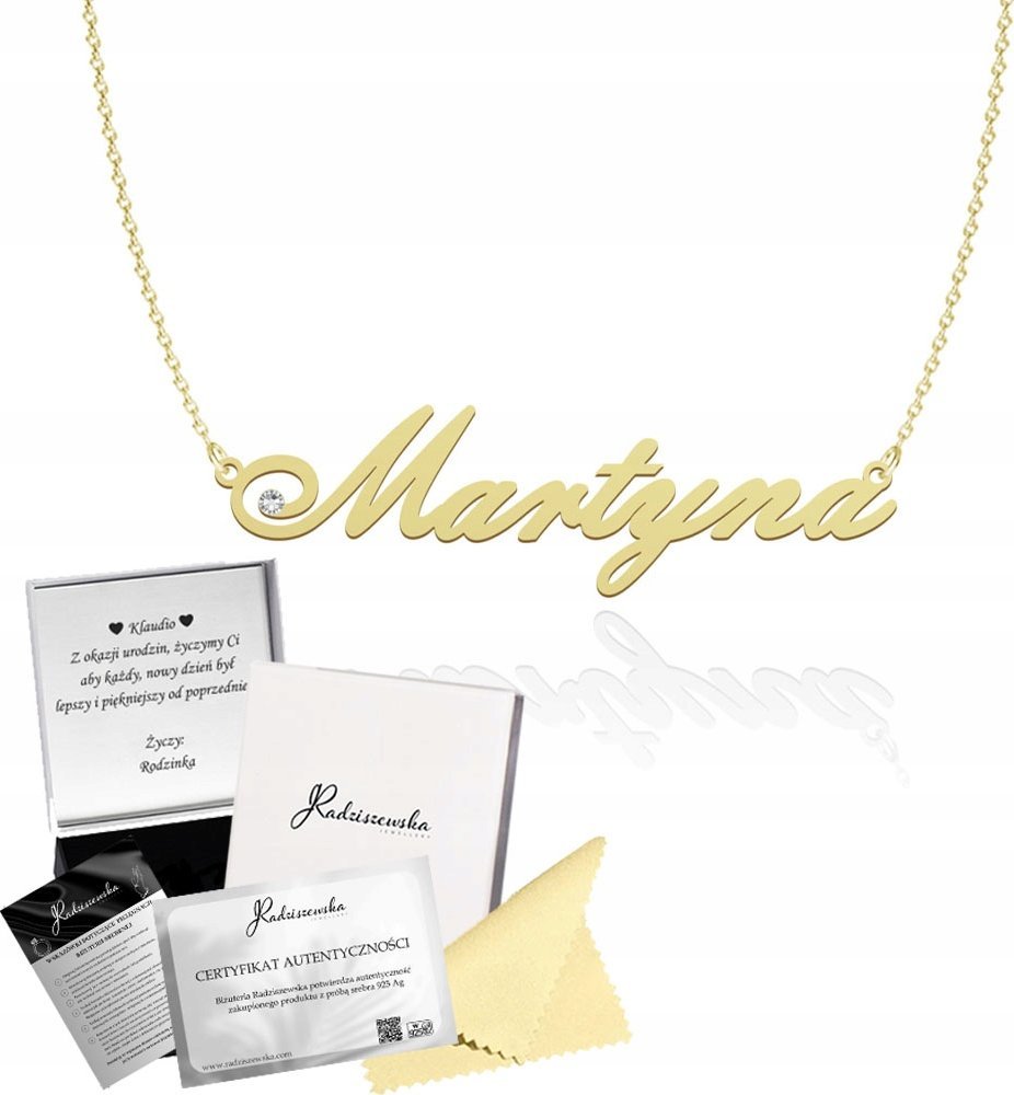 Radziszewska Jewellery Złoty Naszyjnik z imieniem Martyna SREBRO 925 Łańcuszek DEDYKACJA GRATIS