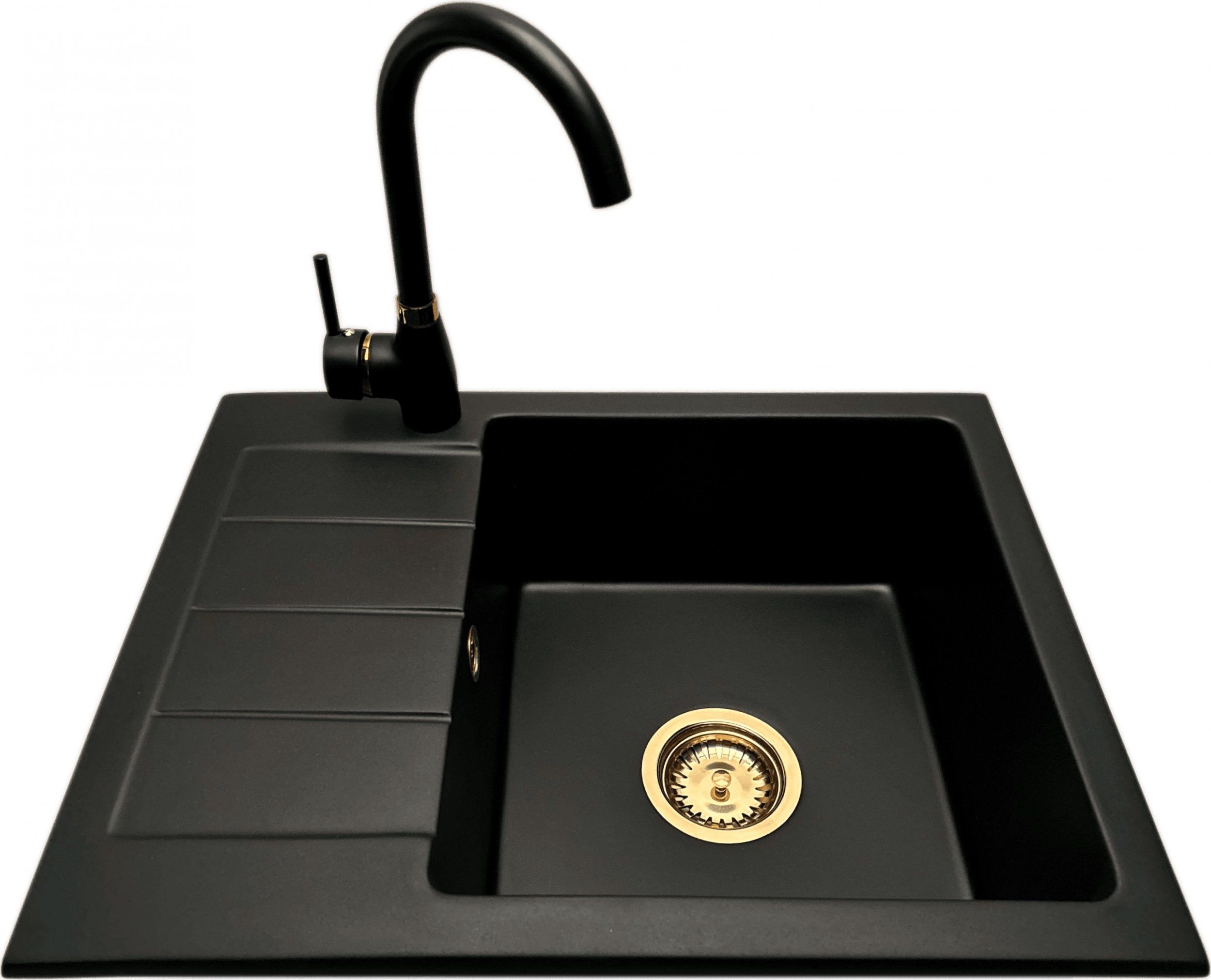 Zlewozmywak PREHNIT Zlewozmywak jednokomorowy z ociekaczem ADAL czarny z lewym ociekaczem + bateria złota LUNA