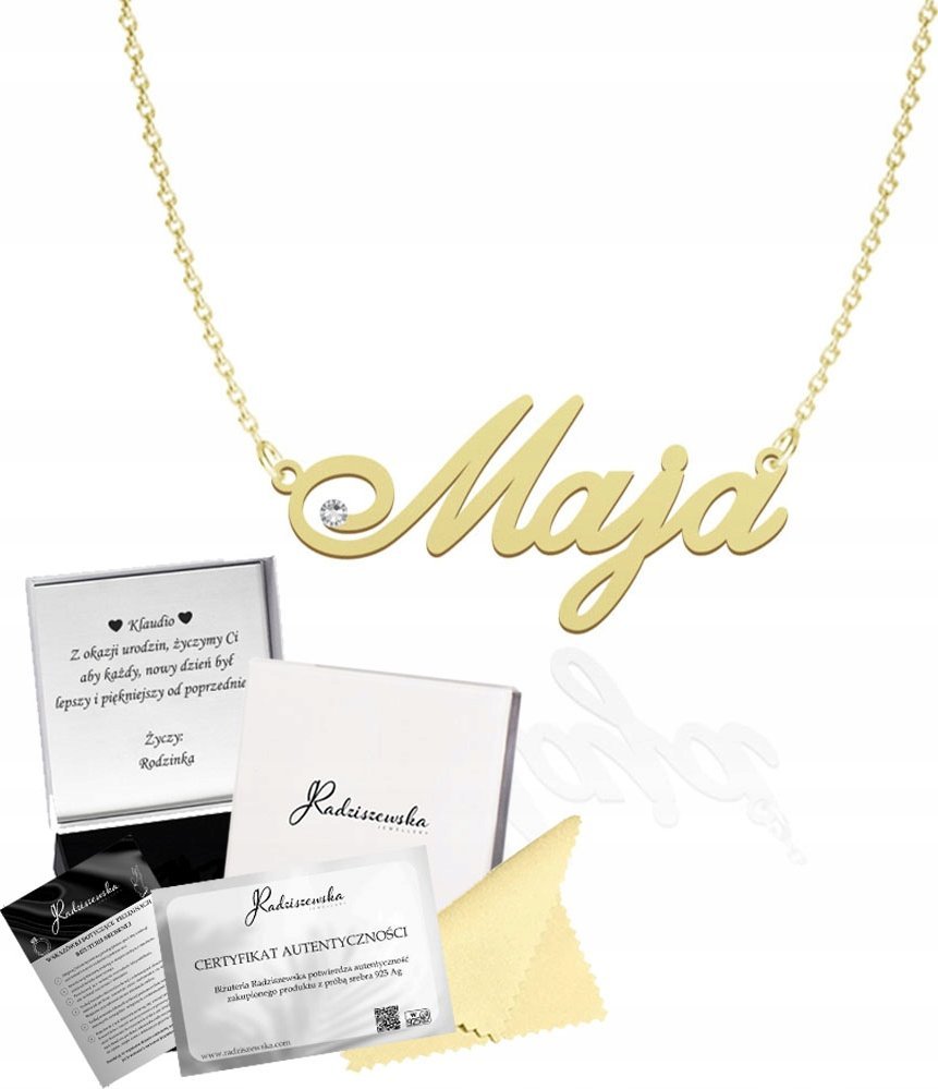Radziszewska Jewellery Złoty Naszyjnik z imieniem Maja SREBRO 925 Prezent Kobieta ŻYCZENIA GRATIS