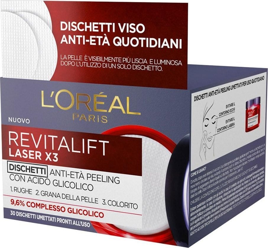 L’Oreal Paris L'Oreal Paris, Revitalift Laser X3, Glycolic Acid, Anti-Ageing, Peel-Off Pads, 30 pcs For Women