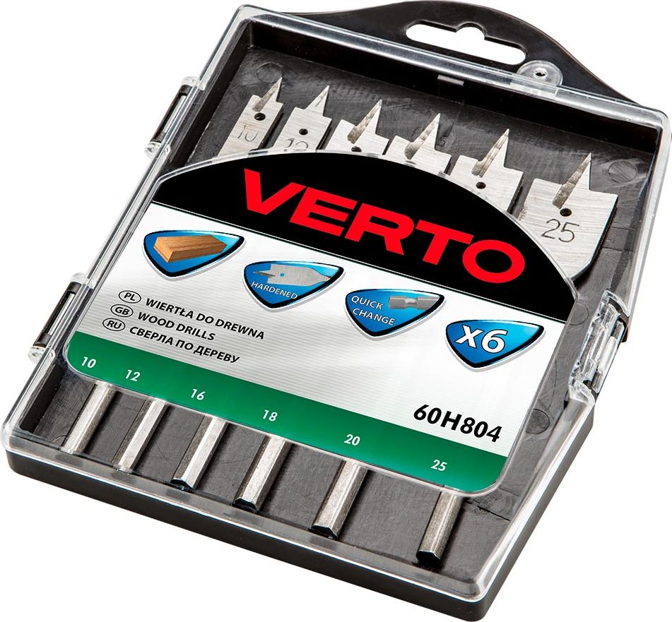 Wiertło Verto Wiertła do drewna (Wiertła do drewna łopatkowe, 10,12,16,18,20,25mm, zestaw 6 szt.)