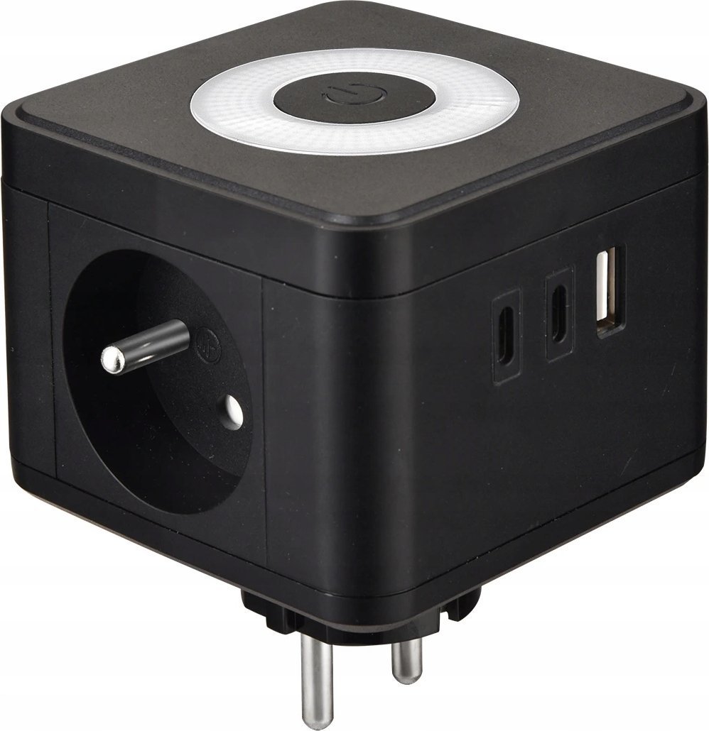 Viking Viking síťový adaptér Y23L, 2x 230 V, 1x USB-A, 2x USB-C, dotykové světlo, černá