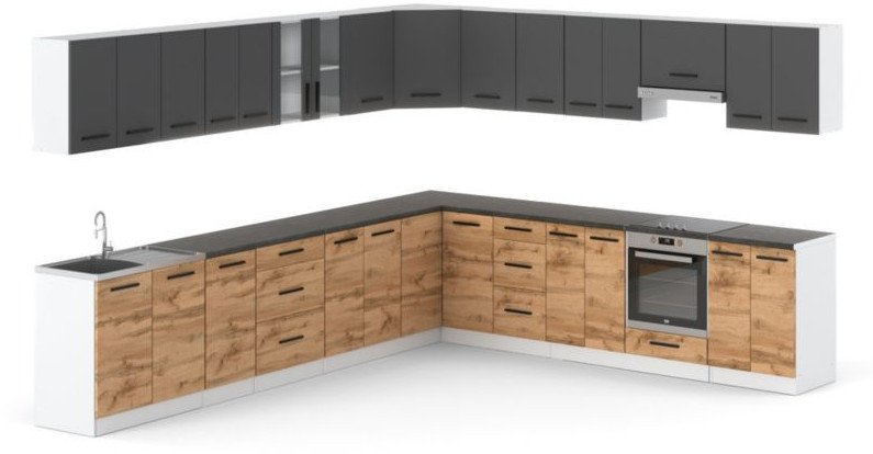 Meble Kuchenne Szare Z Drewnem Narożne Kuchnia Rossa 6.8m Szara Dąb Wotan