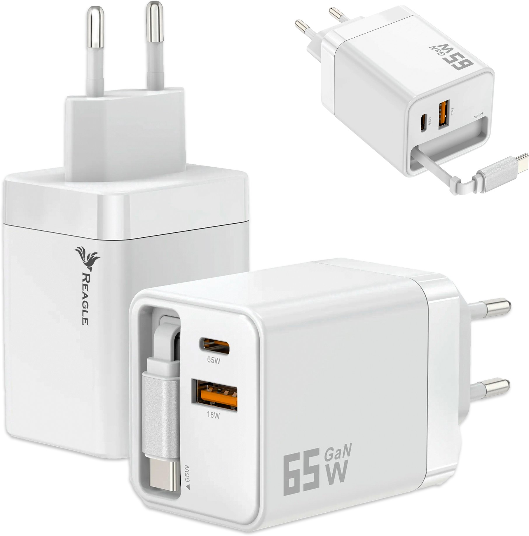 REAGLE Ładowarka Gan PD 65 W PD 1x USB-C, 1x QC 3.0 Laptop Iphone Zwijany Kabel