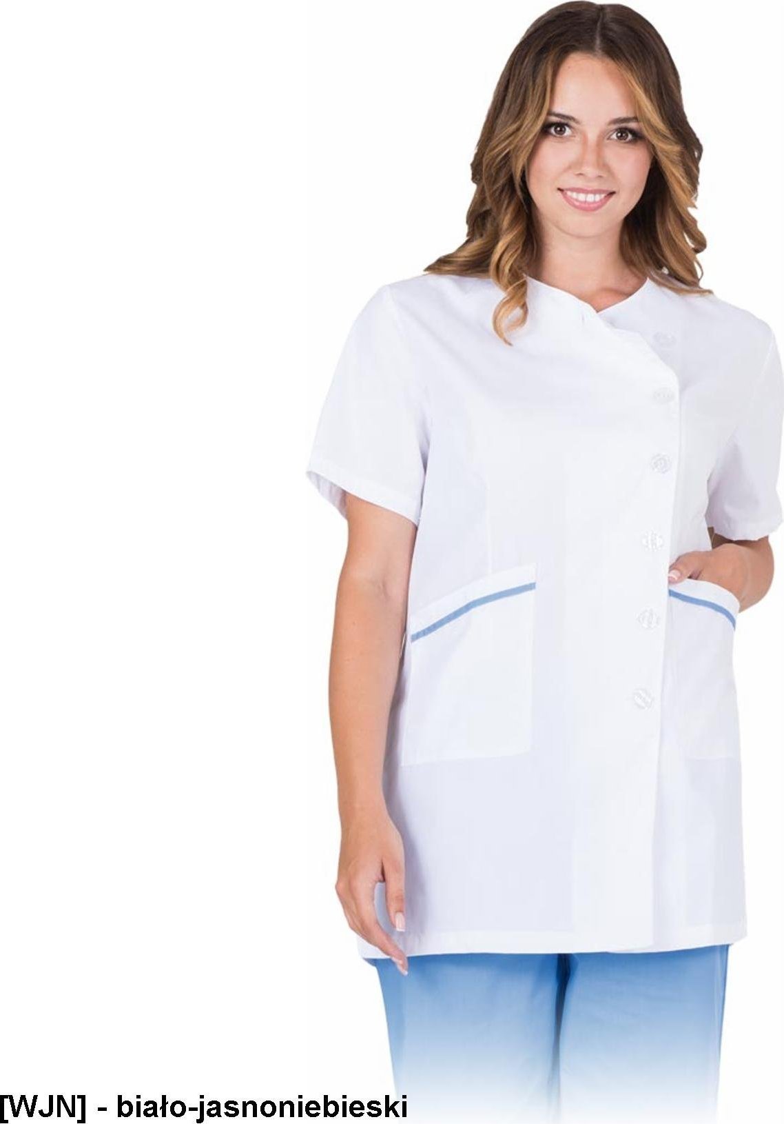 R.E.I.S. NONA-J - bluza damska z krótkim rękawem , 65% poliester, 35% bawełna, 175 g/m, zapinana na guziki - biało-jasnoniebieski L