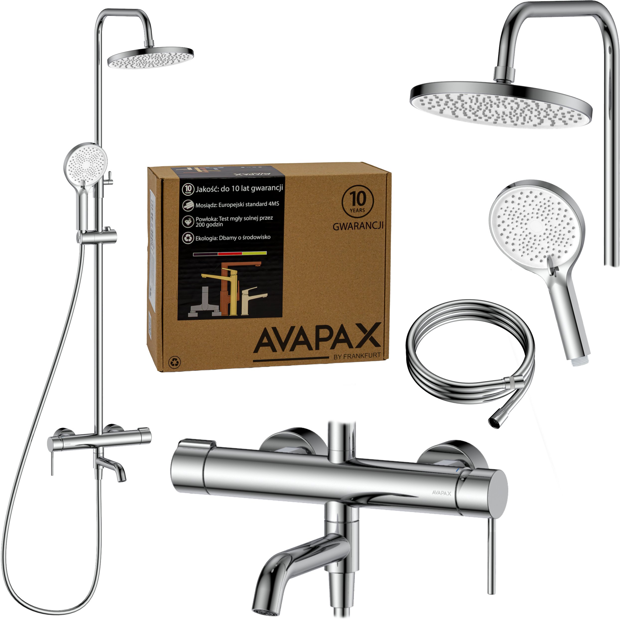 Deszczownica z baterią prysznicowo wannową trzyfunkcyjną Ruchoma wylewka baterii. Stal nierdzewna. Kolor chrom