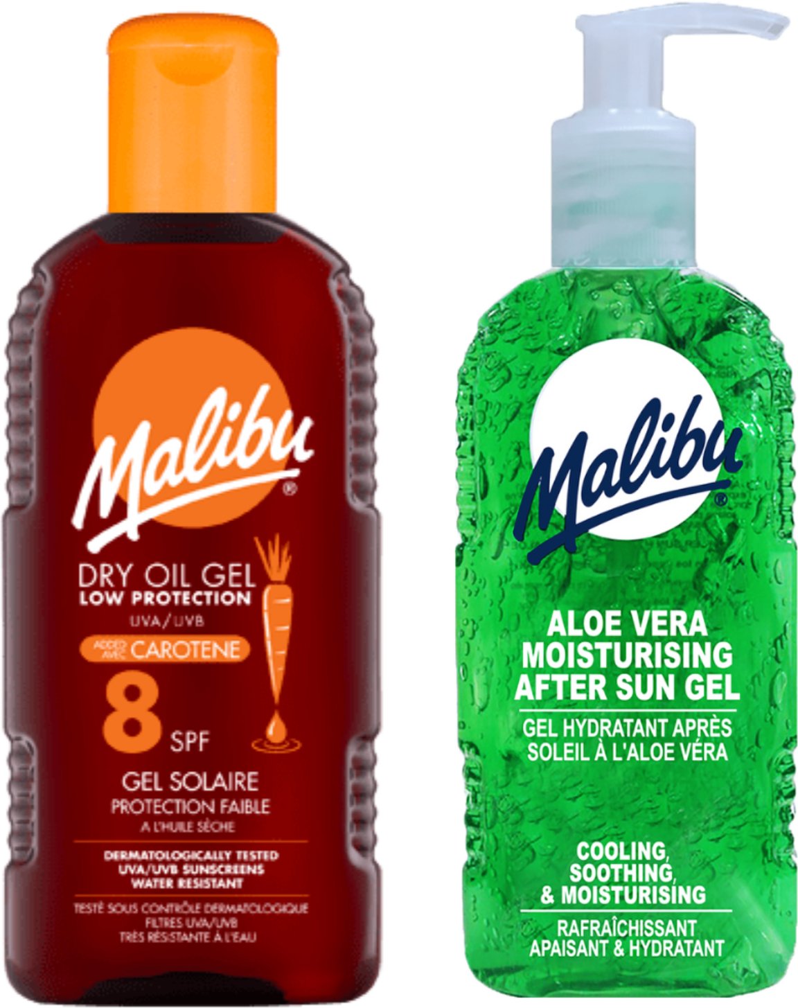Malibu Suchy Żel Z Karotenem SPF8 200ml + Aloe Żel Po Opalaniu 200ml