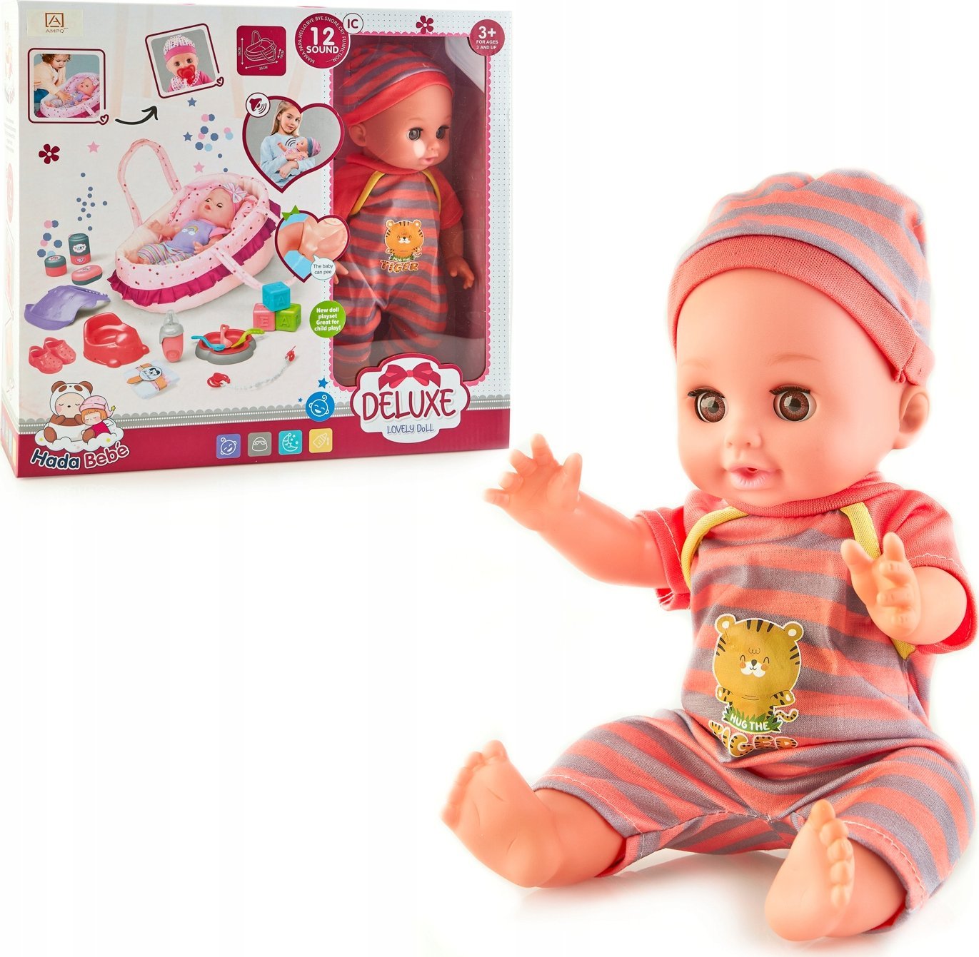 AMPQ Lalka bobas mówiąca z akcesoriami dla niemowlaka oraz materiałowym nosidełkiem | Bezpieczne zakupy! Szybka wysyłka! oryginalne, zaplombowane pude