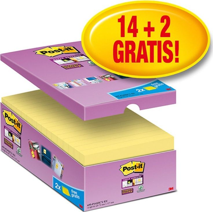 Post-it Karteczki samoprzylepne Post-it Super Sticky (655-P16SSCY-EU), 127x76mm 16x90 kart., żółte, 2 Karteczki GRATIS