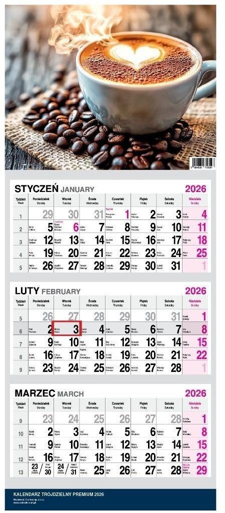 Kalendarz 2026 trójdzielny premium Kawa