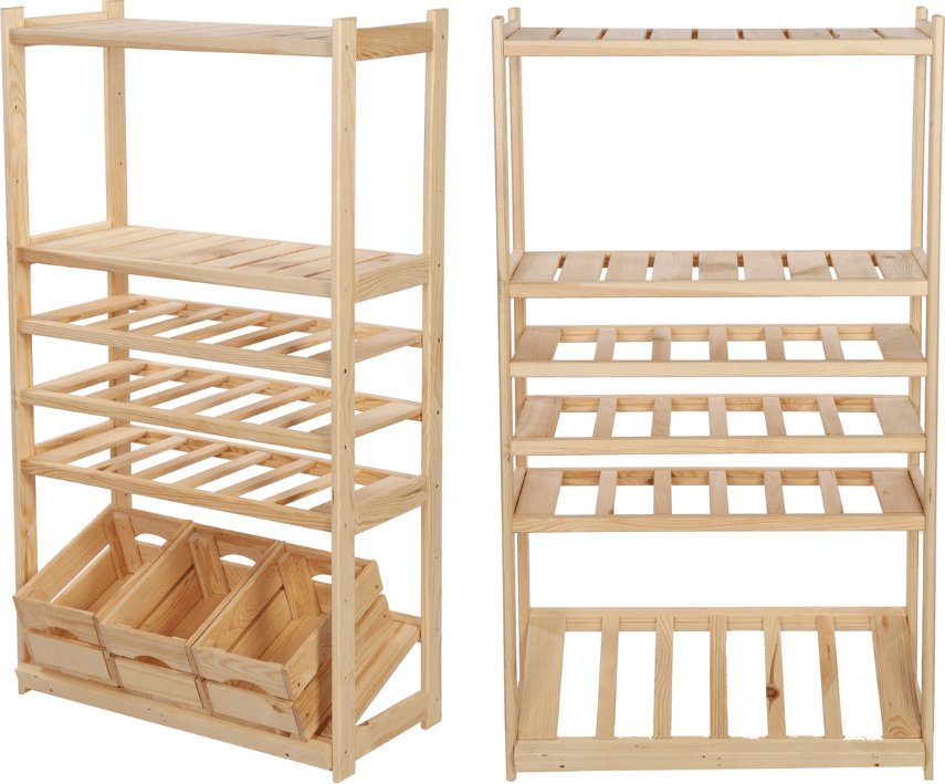 Wamar-Sosenka Regał drewniany do spiżarni LSR P2W3S1 Naturalny Półki proste 2 szt, Półki na wino 3 szt, Półki na skrzynki 1 szt Drewno sosnowe