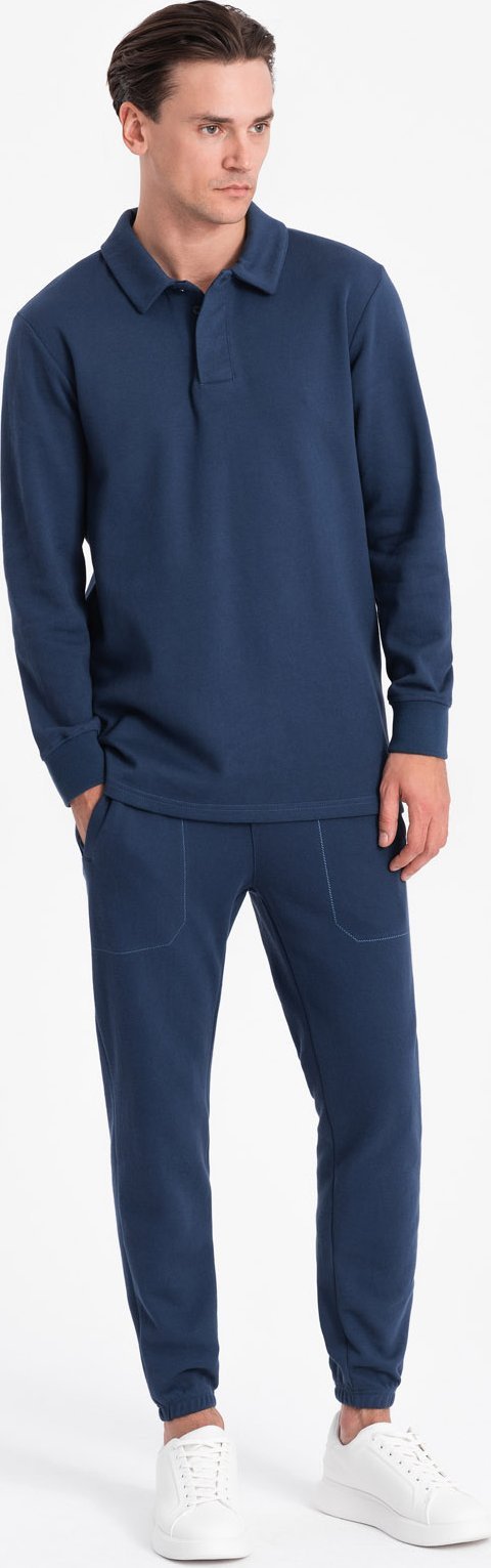 Ombre Komplet męski dresowy bluza z kołnierzem polo + spodnie - granatowy V5 Z71 XL