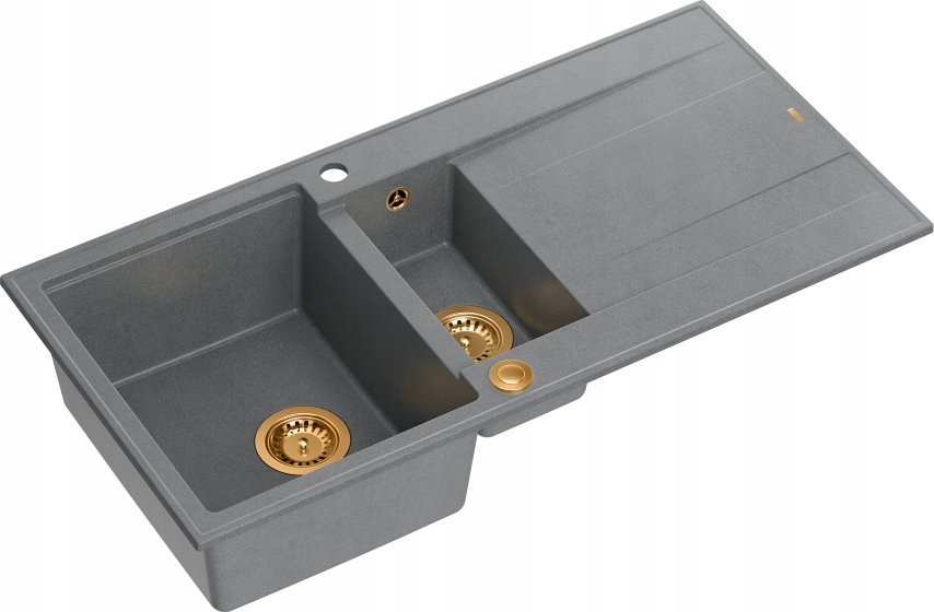 Zlewozmywak GraniteQ EVAN 156 GraniteQ zlewozmywak z syfonem Push To Open 1,5-komorowy z/o (1000x500x210; kom. 420x480) silver stone / elementy miedzi