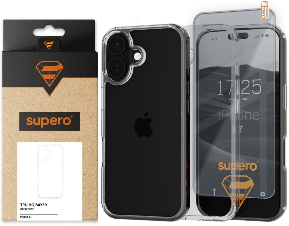 Etui Supero TPU HQ Bayer do iPhone 17, przezroczyste + szkło