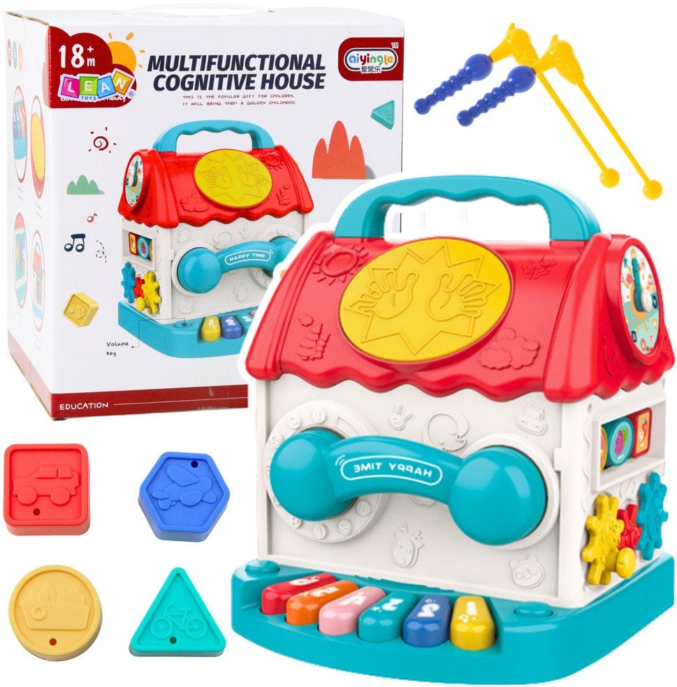 Domek Edukacyjny Kostka Interaktywna Grzechotka Sorter Dźwięki Kolorowy