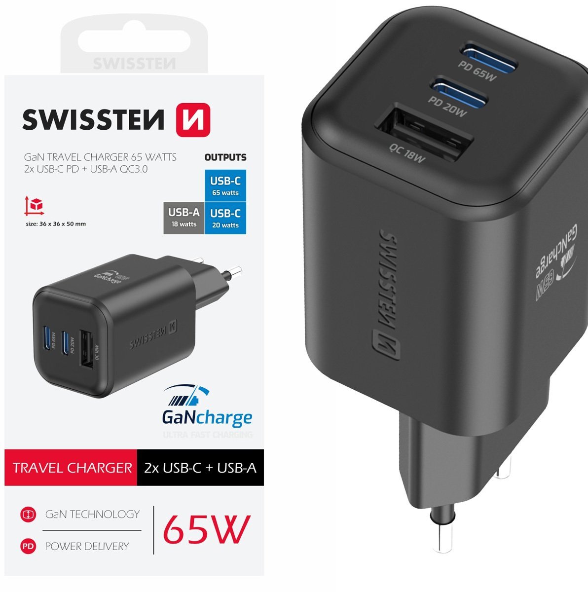 Swissten Travel Charger GaN 2x USB-C / PD USB-A / 18W QC / 65W