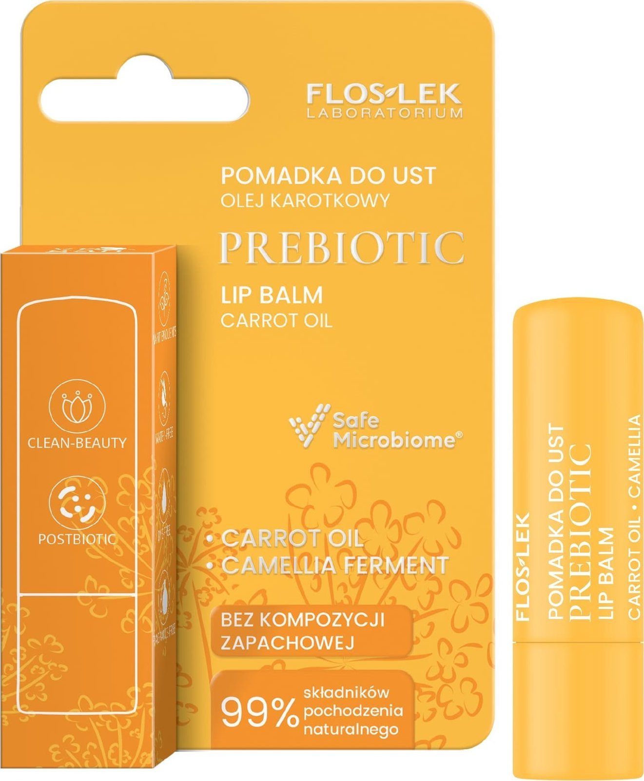 Floslek Prebiotic Lip Care Prebiotyczna pomadka do ust olej karotkowy 4 g