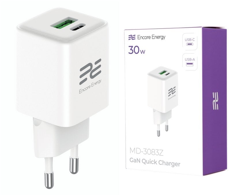 Ładowarka sieciowa GaN 30W USB-A USB-C QC PD Encore Energy MD-3083Z standard