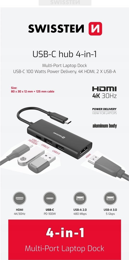 HUB USB Swissten 4in1 USB-C Hub Stacja dokująca laptopa z wieloma portami USB-C 100W / HDMI 4K / 2x USB-A