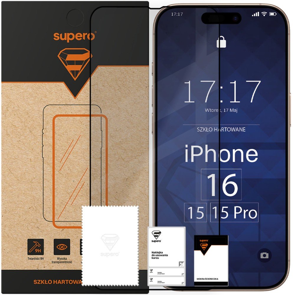 Szkło hartowane Supero do iPhone 16/15/15 Pro, z czarną ramką