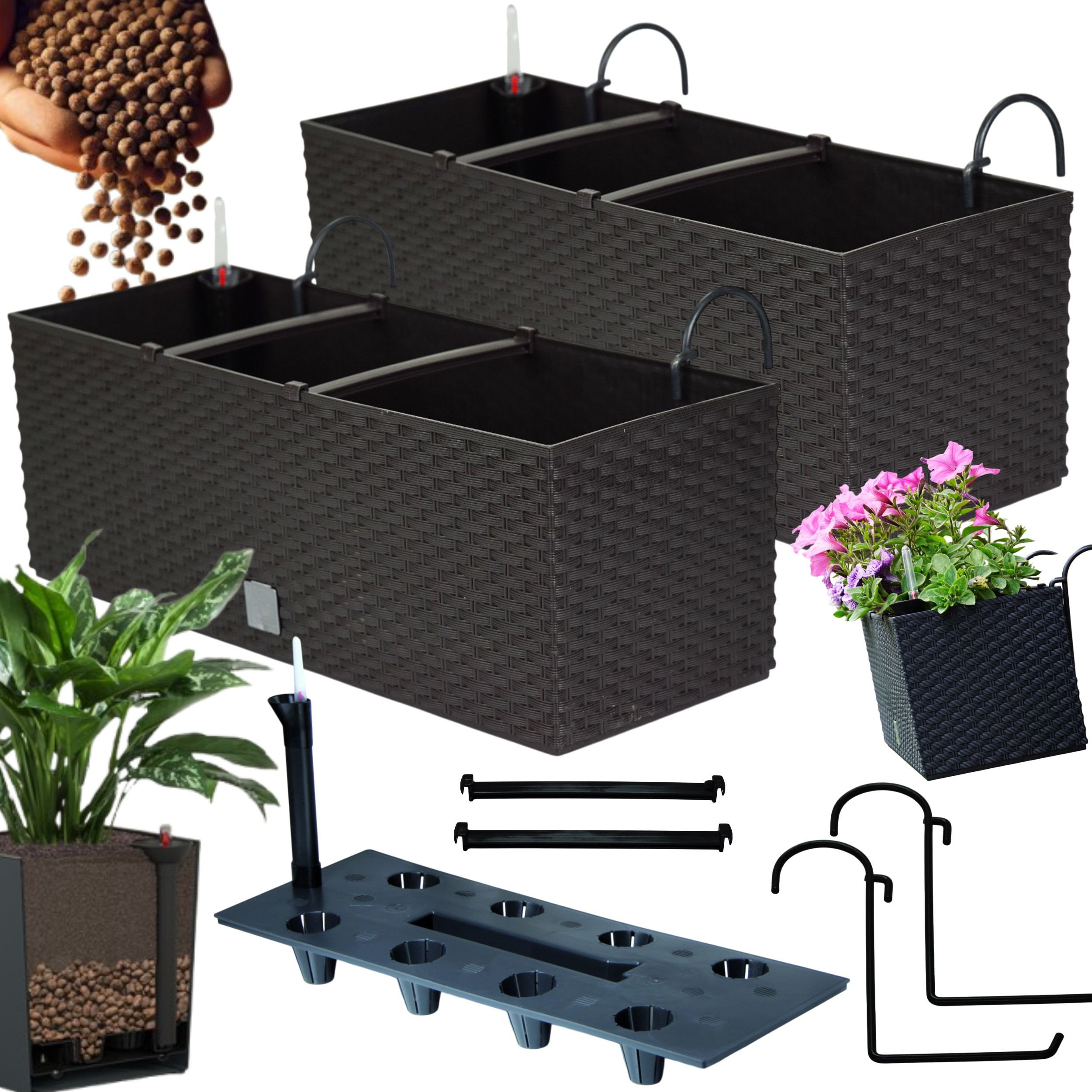 2x Doniczka balkonowa 51cm + uchwyty / haki, nawadniacz Skrzynka na balkon + keramzyt 5l