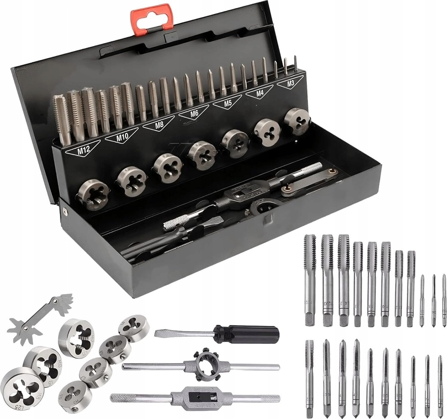 Zestaw gwintowników i narzynek 32el. (M3-M12) metalowa walizka