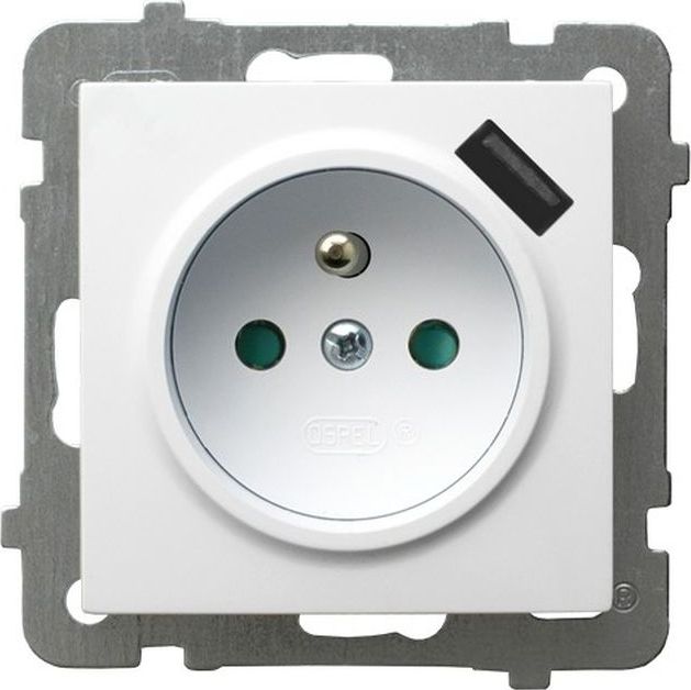 Ospel AS Gniazdo pojedyncze z uziemieniem z przesłonami torów prądowych, z ładowarką USB biały GP-1GZPUSB/m/00