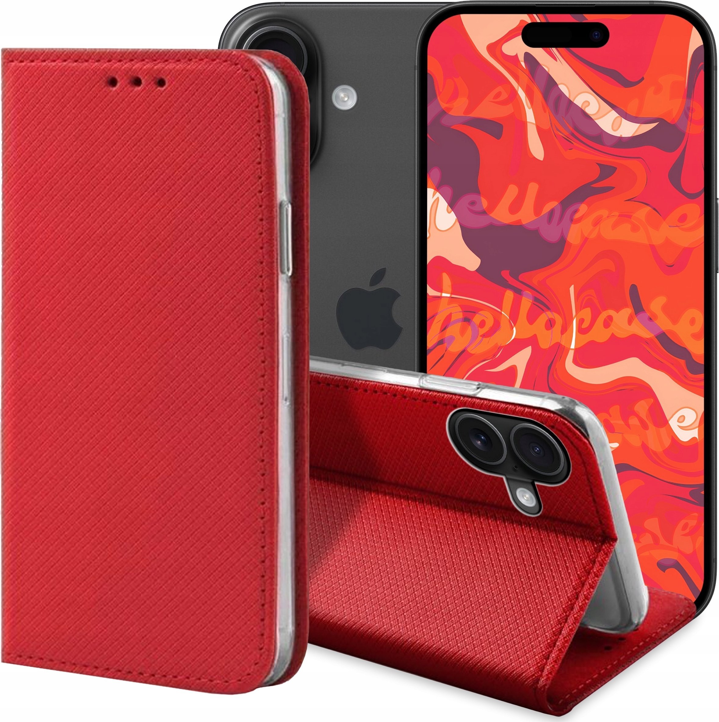 ETUI Z KLAPKĄ DO APPLE IPHONE 16 CZERWONE ZAMYKANE MAGNETYCZNE KABURA CASE