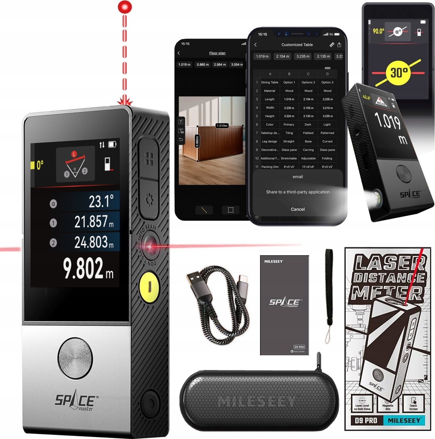 DALMIERZ LASEROWY POMIAR KĄTA POZIOMICA SMART LIFE ANDROID iOS SZKIC 100m