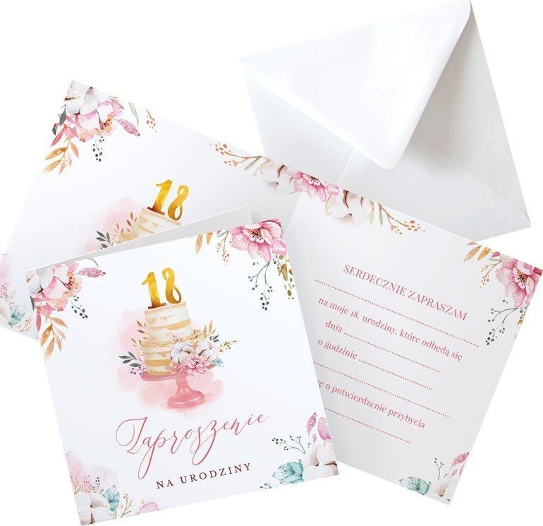 ZAPROSZENIA na 18 Pastelowy Tort 10szt (+koperty)