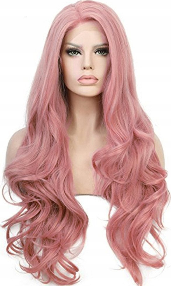Korbi PERUKA WŁOSY DŁUGIE PASEMKA RÓŻOWE FALOWANE KRĘCONE NA SIATCE W89