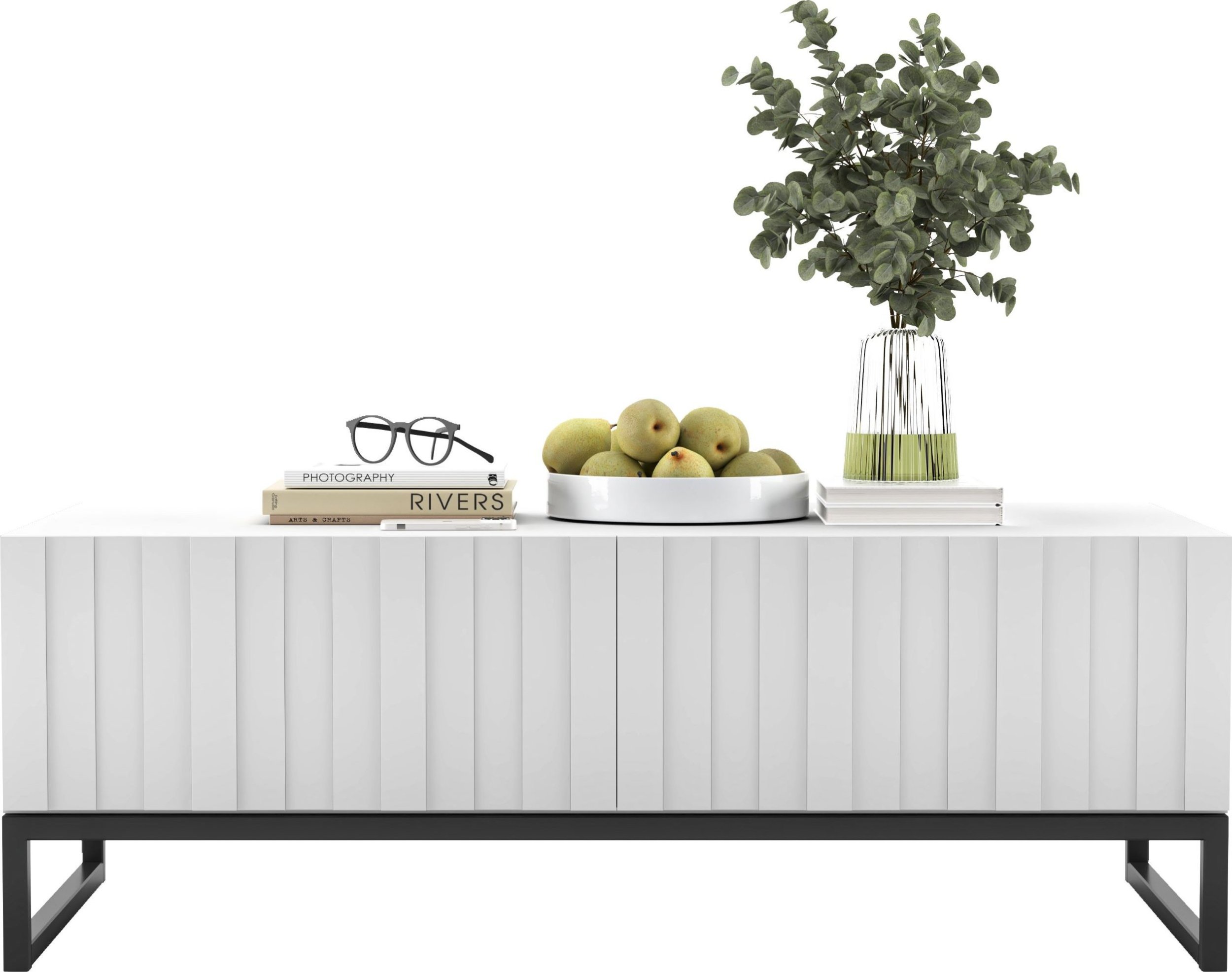 Meble Lindner Meble Lindner Stolik kawowy Glamour prostokątny nowoczesny ława Glamour biały Mat 110 cm Ryflowane fronty Glamour Czarna Metalowa Rama