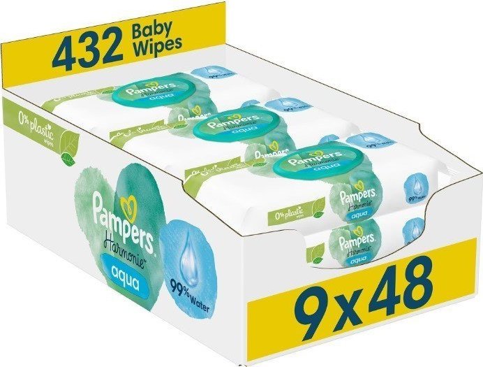 Pampers Chusteczki nawilżane Harmonie Aqua 0% plastiku 9x48 szt.