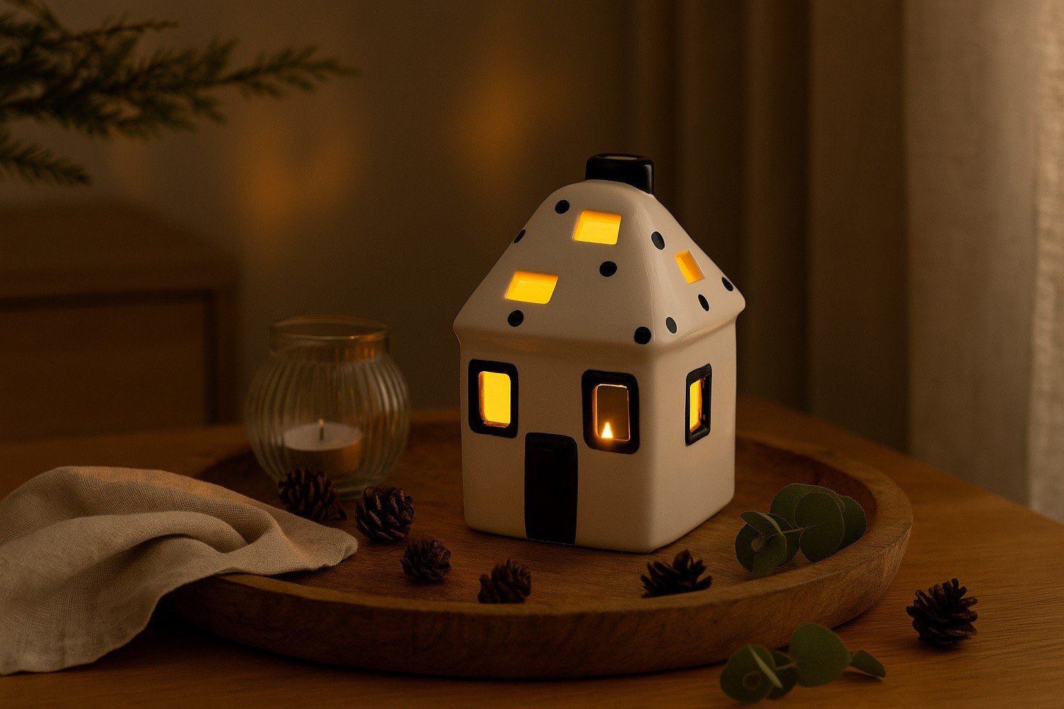 Domek ceramiczny na t-light biało-czarny 15 cm