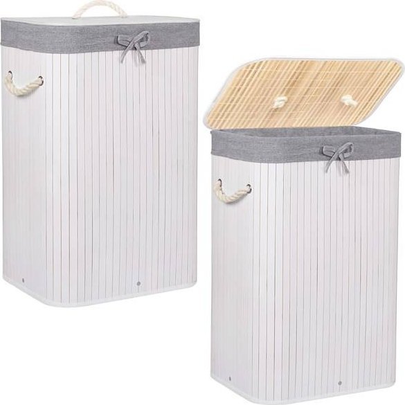 Kosz na pranie Springos Pojemnik na pranie 72L kosz z klapą bambus naturalny biały, szary UNIWERSALNY