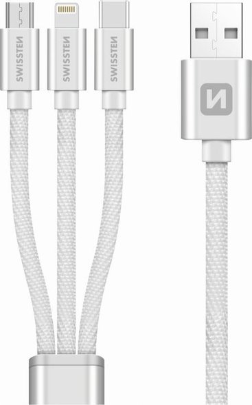 Kabel USB Swissten USB-A - USB-C + micro-B + Lightning 1.2 m Srebrny (SV0153259010)