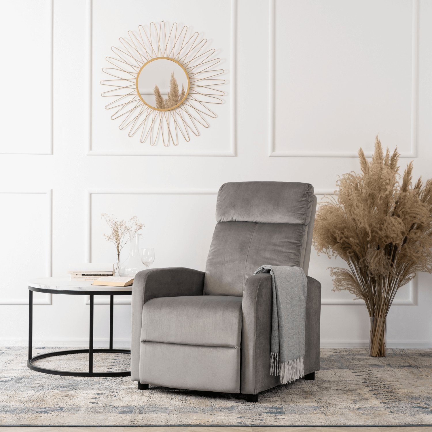 Mebel Elite Fotel Rozkładany DANNY Wypoczynkowy z Podnóżkiem Szary Welurowy Nowoczesny