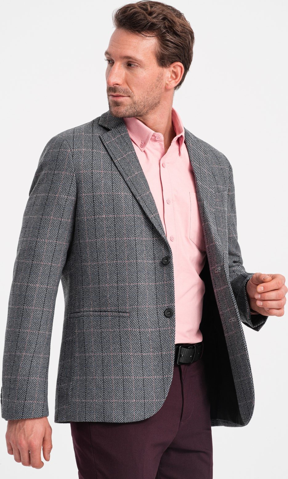 Ombre Żakardowa marynarka męska w delikatną kratę - grafitowa V1 OM-BLZB-0119 M