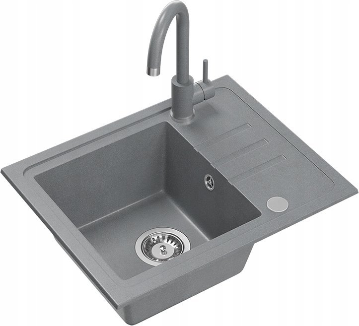 Zlewozmywak BEN 116 zlewozmywak granitowy silver stone 55x44 z szarą baterią ze stałą wylewką, ze stalowym syfonem i zaślepką
