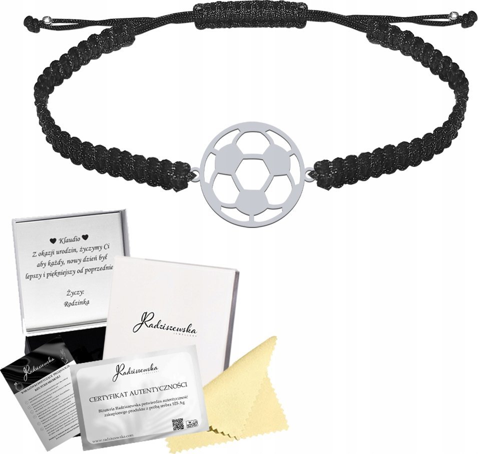 Radziszewska Jewellery Bransoleta Męska Piłka Nożna SREBRO 925 Sznurek Prezent DEDYKACJA GRATIS