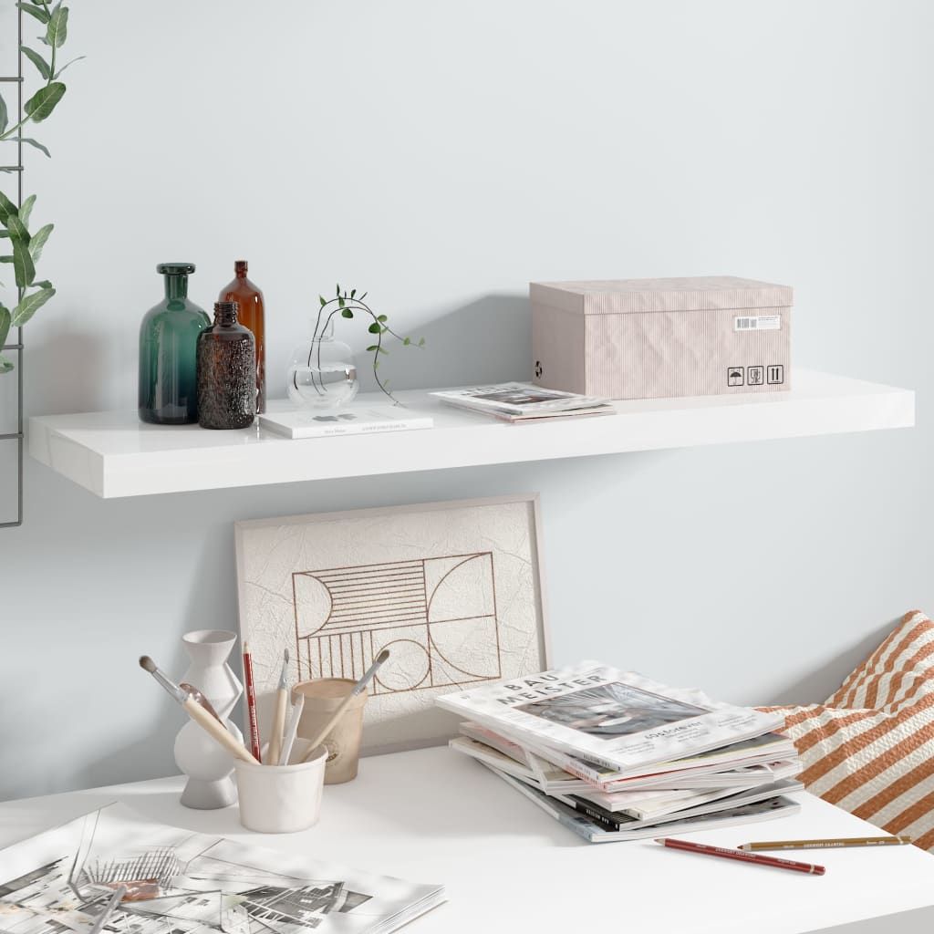 vidaXL Półka ścienna, wysoki połysk, biała, 90x23,5x3,8 cm, MDF